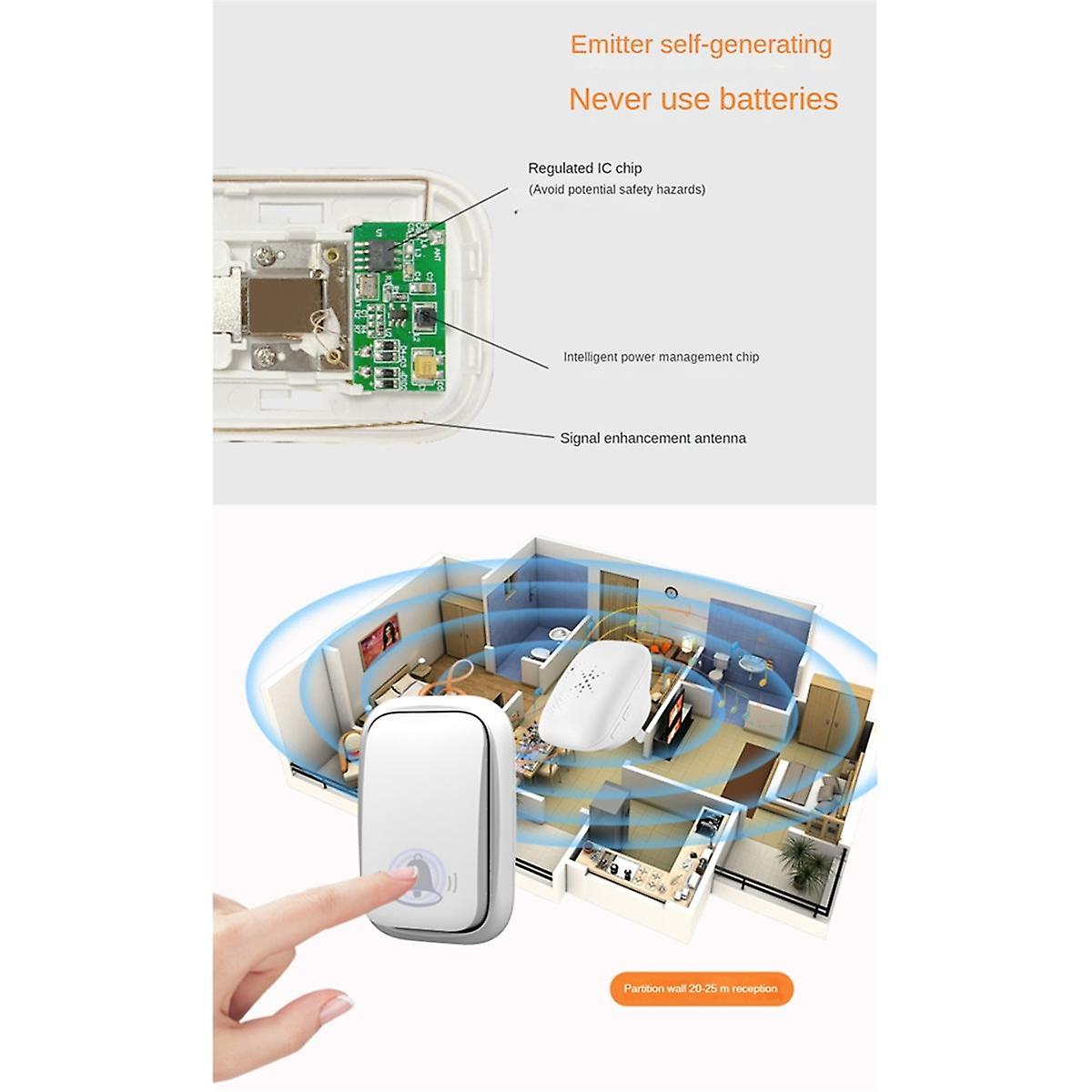 Outdoor Wireless Doorbell Waterproof House Chime Kit Remote Home Garden Self Smart Power Generation Doorbell EU Plug-B
