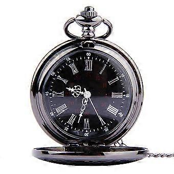 1pc relógio de bolso redondo retro clássico dual display romano arábicos numerais dial relógio de bolso steampunk (preto grosso corrente)