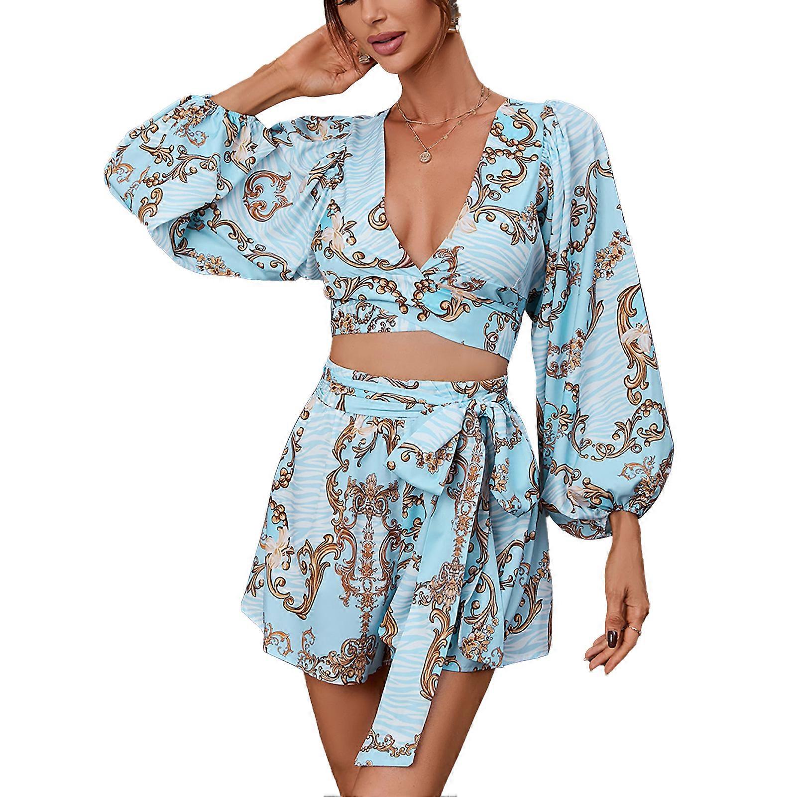 Women Jumpsuit Cut Out Deep V Neck Lantern Long Sleeved Belt Shorts Slim Fit Jumpsuit Blue L