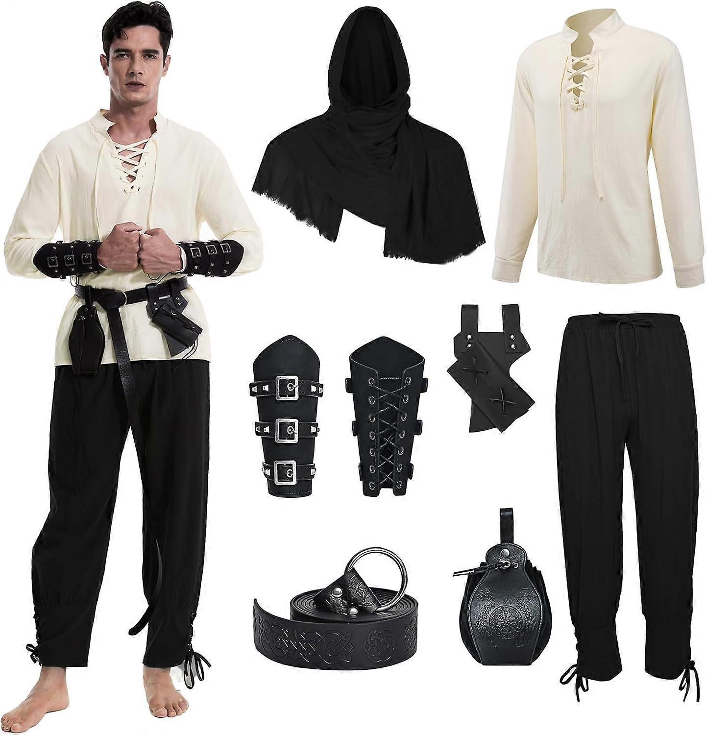 7 Pcs Men's Renaissance Costume Medieval Pirate Shirt Ankle Banded Pants Viking Costume Accessories Set