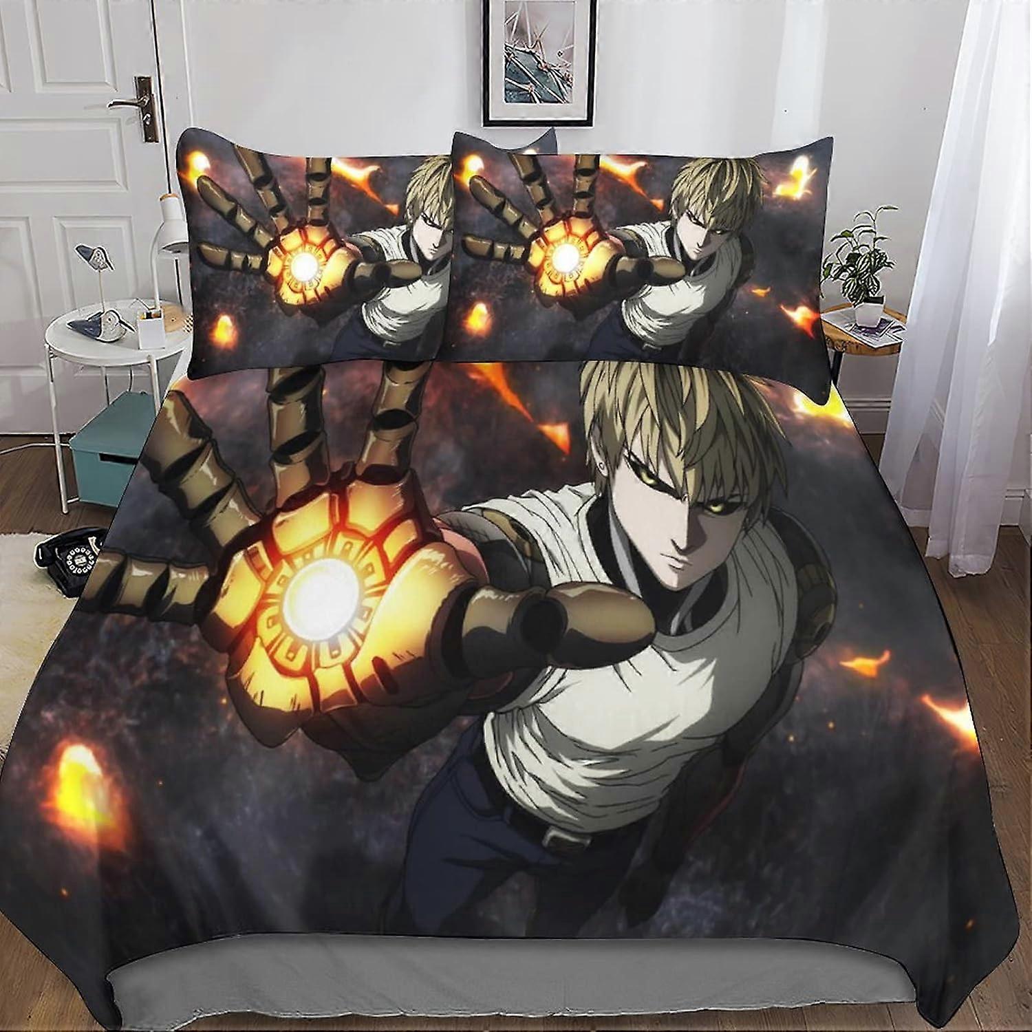 One Punch Man 3D Print Microfiber Bedding Set, with Anime Duvet Cover and Pillowcases, Suitable for Boys and Girls with Zipper Closure 3 Pcs Double