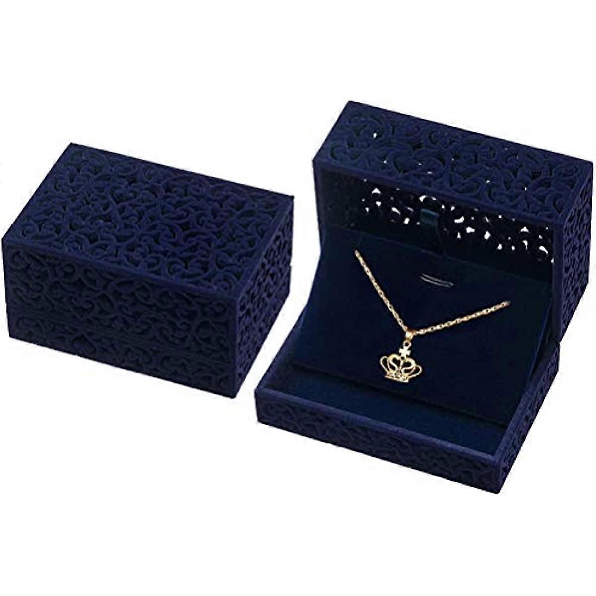 ネックレスボックスベルベットジュエリーペンダント中空アウトギフトボックスオーガナイザー収納ケース(ブルー)