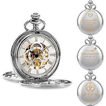 Montres de poche gravées mécaniquement squelette double couverture chiffres romains cadran personnalisé avec boîte et chaîne pour hommes femmes pour papa maman fils frère