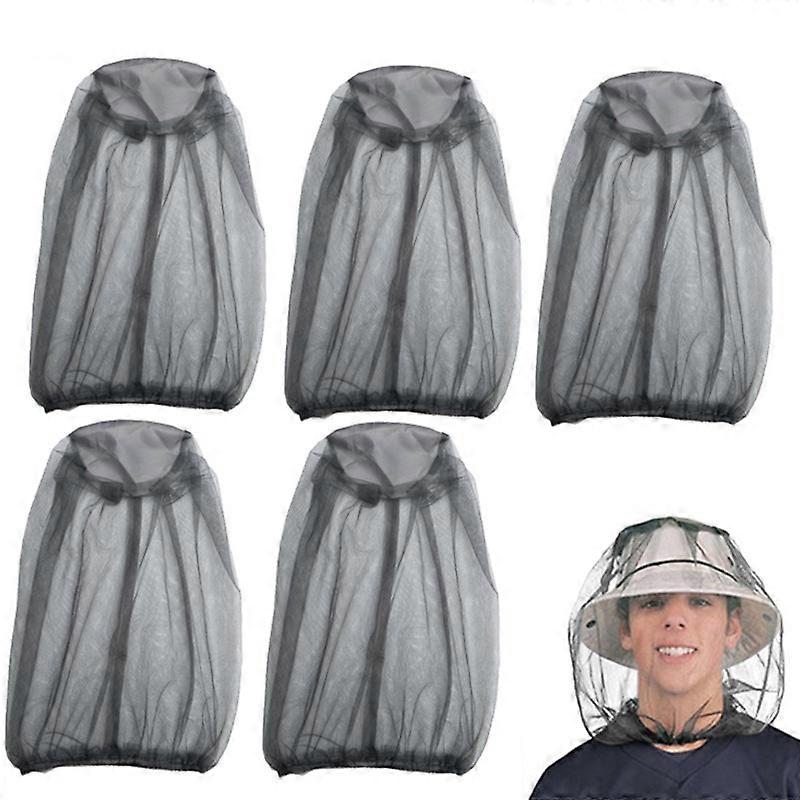 Pack of 5 Mosquito Head Net Mesh, Face Neck Fly Netting Hood Screen Net for Any Outdoor Lover- with Carry Bags Fits Most Sizes of Hats Caps