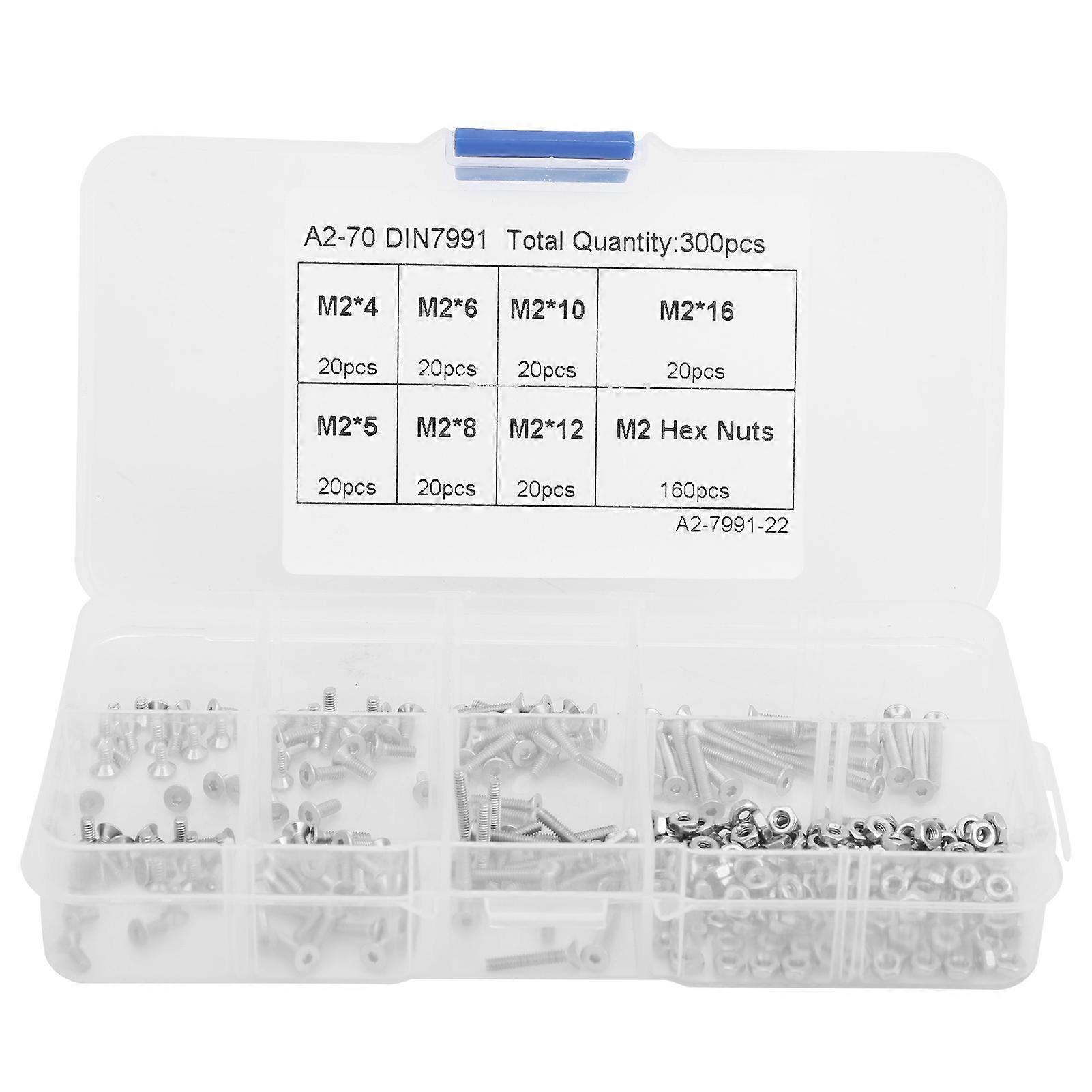 300pcs M2 Hex skrue og mutter sett Countersunk Head Socket rustfritt stål sortiment Kit