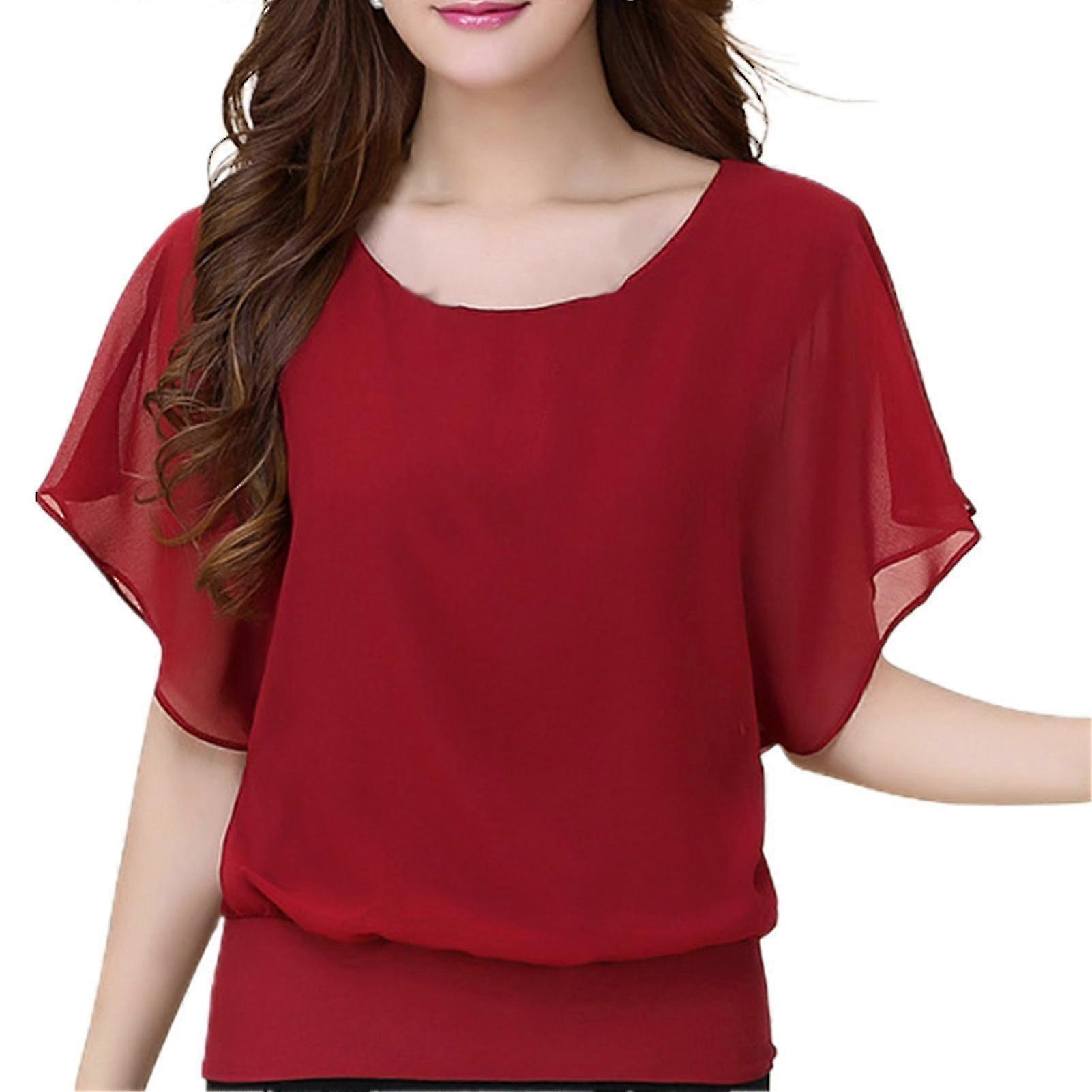 Camicette casual da donna in chiffon a pipistrello con maniche corte e scollo rotondo