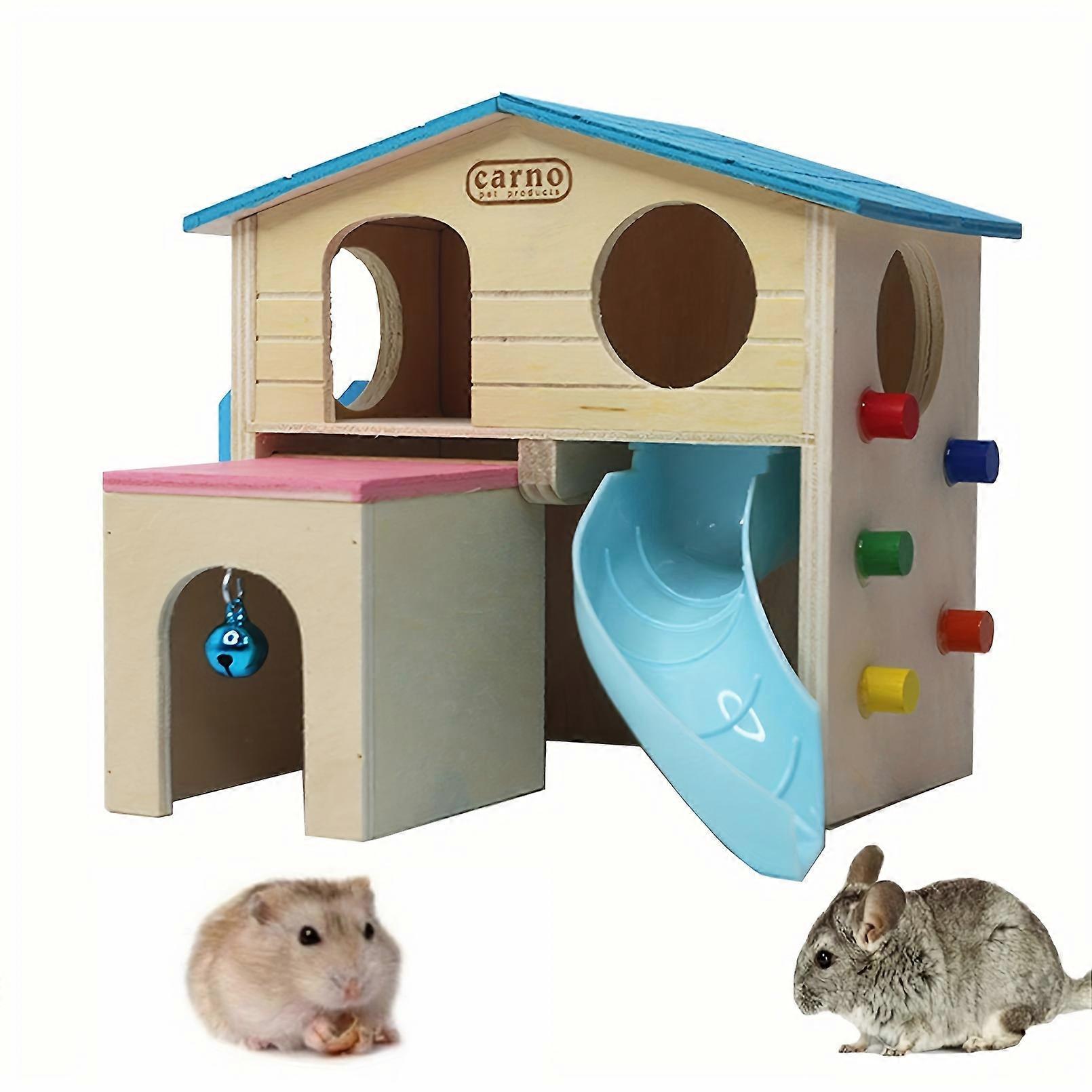 Wooden Hamster House Pet Hideout with Slide and Ladder, Chew Toy for Small Animals like Dwarf Hamsters and Mice -