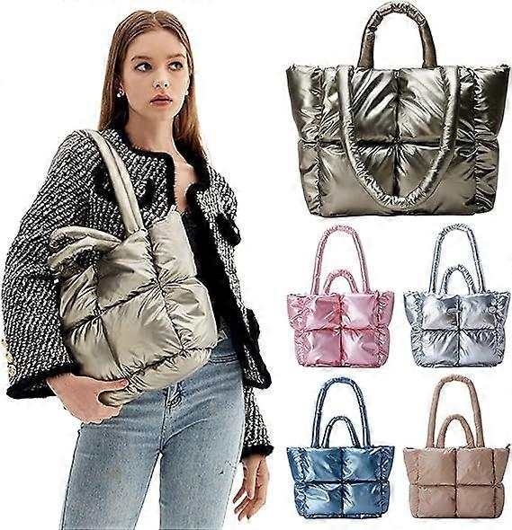 נשים תיק נפוחים גדול תיק כתף מרופד ידית עליונה רכה למטה כותנה מרופדת תיק יד עם רוכסן