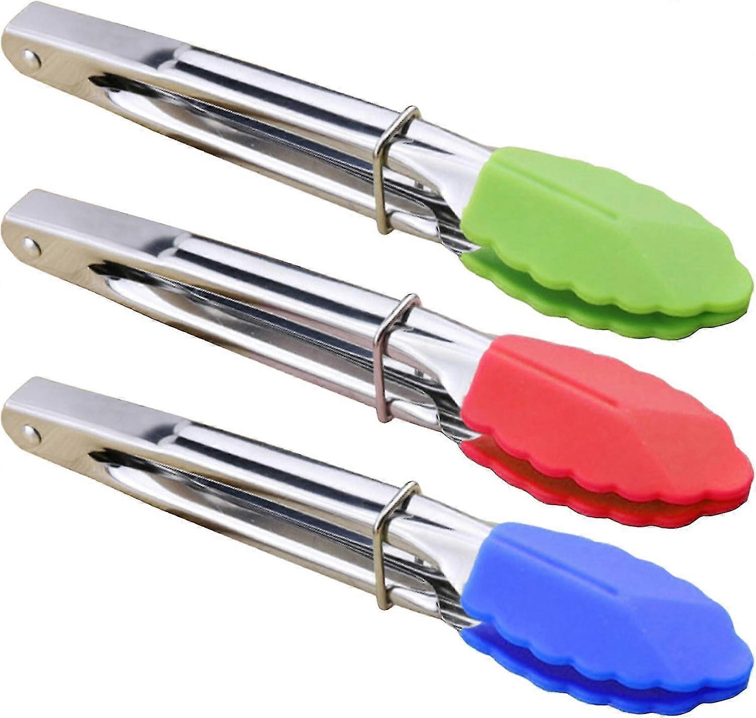 Mini Tongs with Silicone Tips Serving Tongs, Set of 3 (Green Red Blue)