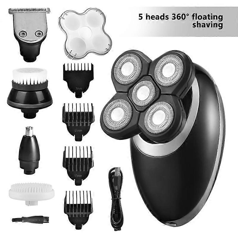 1 Set 5 in 1 Men's Bald Shaver, 5D Floating Cordless USB Rechargeable Swivel, Multifunctional Beauty Kit Beard Trimmer Waterproof Wet and Dry, with LE