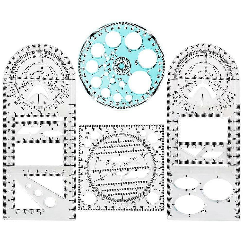 4 Pcs Multifunctional Geometric Ruler Drawing Tools Plastic Ruler Set Mathematics Measuring Circle