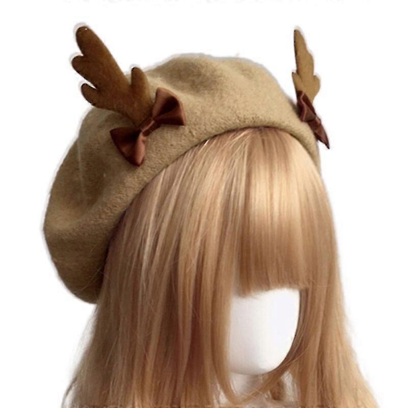 Women Antler Beret Cap Christmas Cute Deer Antlers Wool Painter Hat Female Girls Vintage Lolita Warm Beanie Hat For Party
