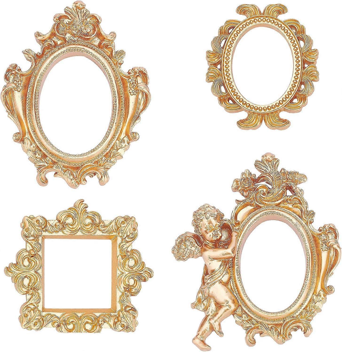 4 Pcs Vintage Resin Picture Frame (4 Different Style & Sizes) Resin Gold Flower Oval Square Frame without Glass Tabletop Jewelry Display Frame for Pho