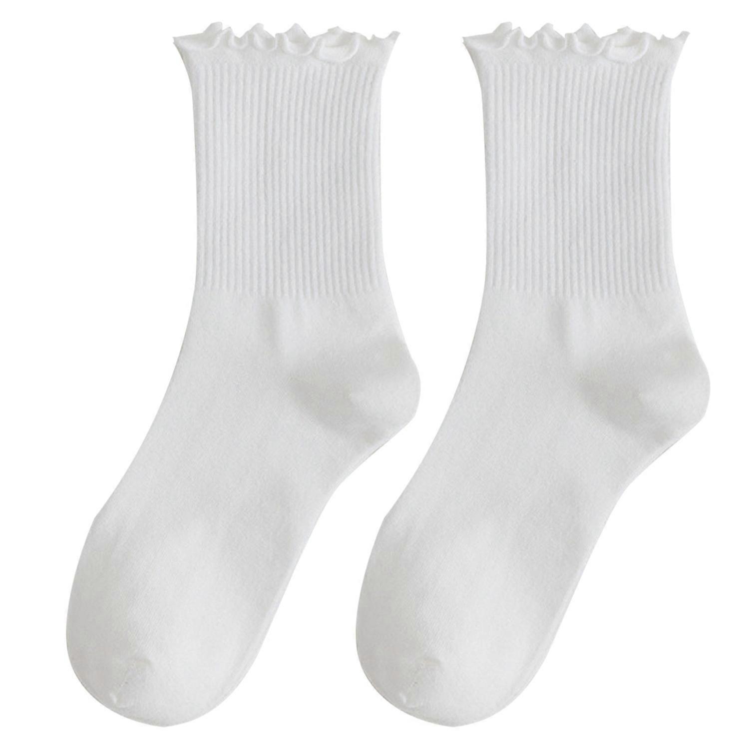 1 Pair Women Socks Mid-tube Shirring Edge Japanese Style Solid Color High Elasticity Anti-slip Thin