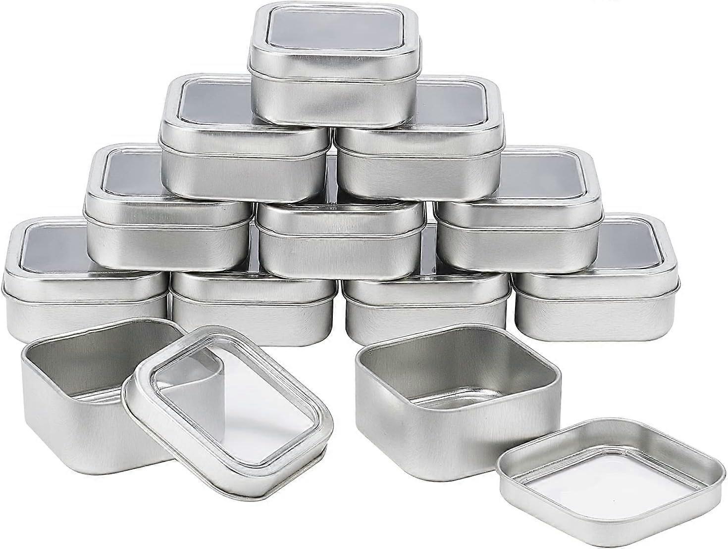 12pcs Metal Tins 2-Ounce Square Silver Empty Iron Tin Containers Candle Tin with Clear Window for Candle Making Candies Arts Crafts Balms Gifts & Trea