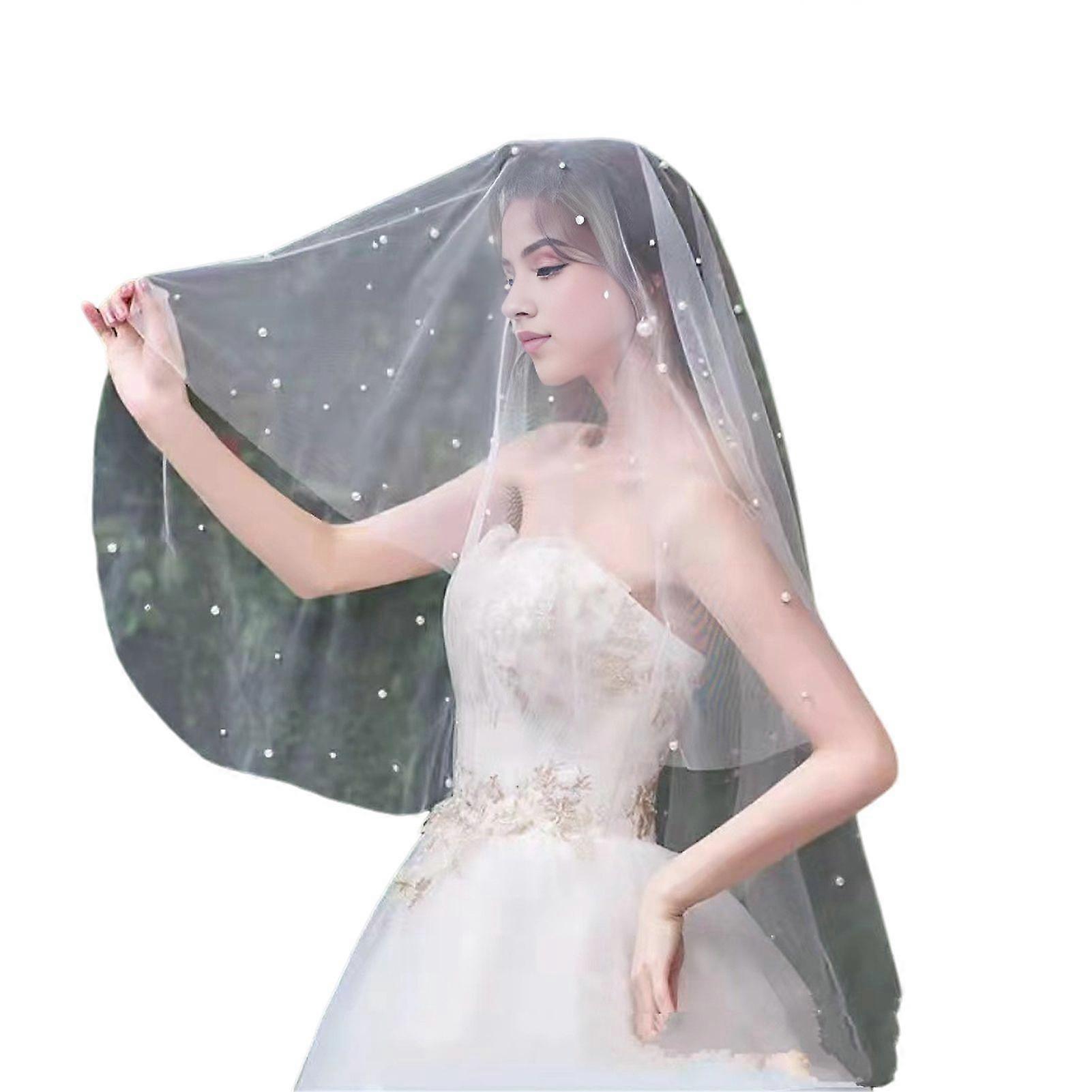 Sahte İnci Süsleme ile Gelin Peçe Beyaz Örgü Tek Katmanlı Düğün Peçe Gelin Başlığı Saç Aksesuarları