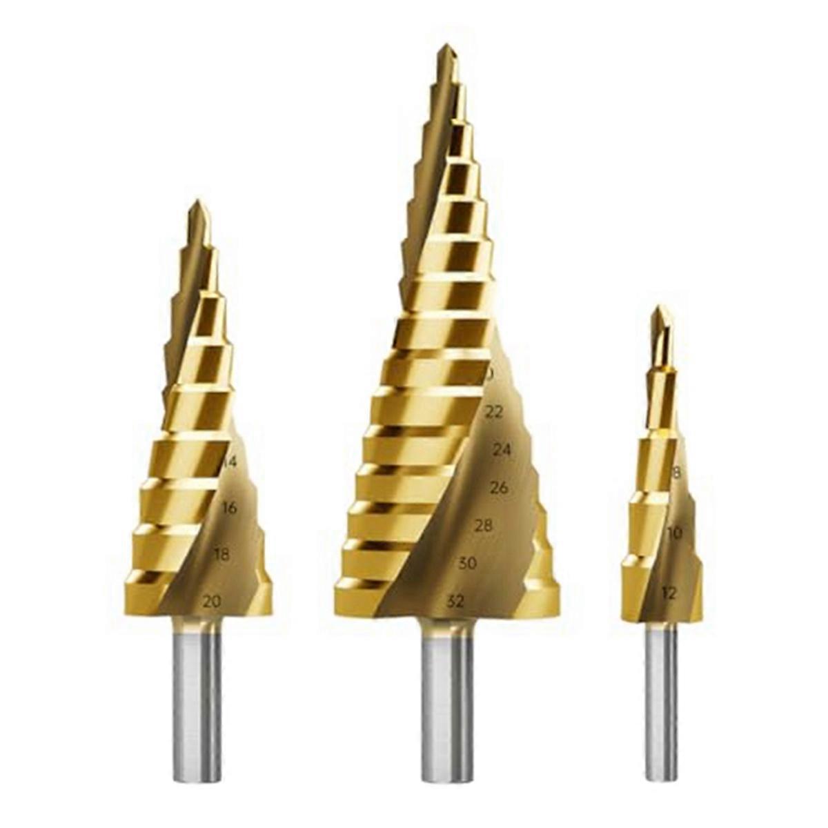 Step Drill Bit Set, 3Pcs Titanium Step Drill Bits, Metric 4mm to 32mm Drill Cone Bits for Metal, Wo