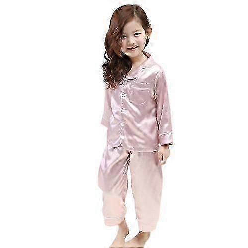 Pyjama Mouwen Set Voor Kid, button-up Zijden Pyjama Nachtkleding Set 120cm Roze