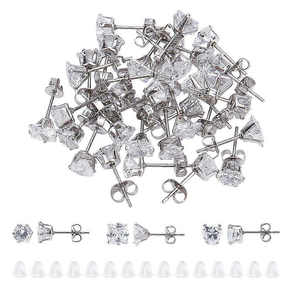 15 Pairs 3 Styles Cubic Zirconia Ear Studs with Stainless Steel Base and Plastic Ear Nuts Heart & Flat Round & Square Stainless Steel Color 5 pairs/st