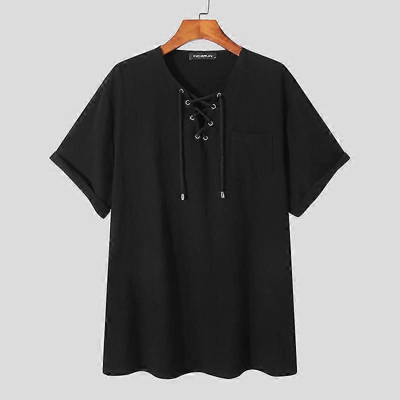 INCERUN Summer Cotton Linen Mens Retro Short Sleeves Lace Up Loose Solid Color Tee Tops