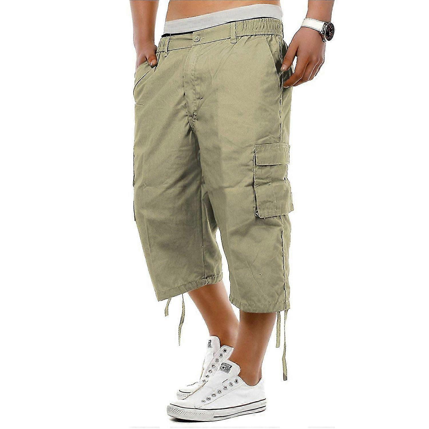 Men Inseam Below Knee Length Cargo Long Shorts Casual Twill Elastic 3/4 Capri Pant With Zipper Cotto