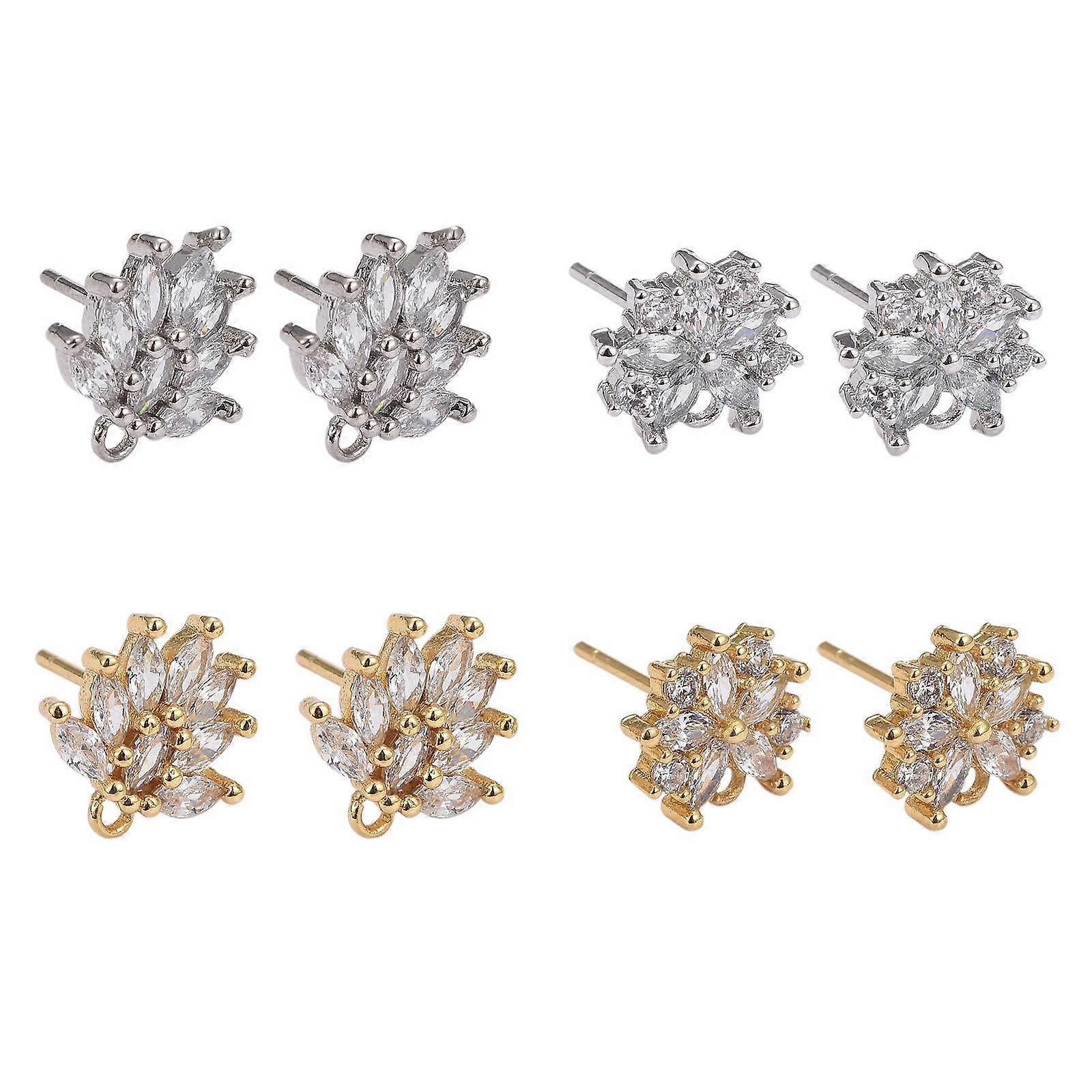 4 Pairs Flower Brass Mirco Pave Clear Cubic Zirconia Stud Earring Findings with Loop