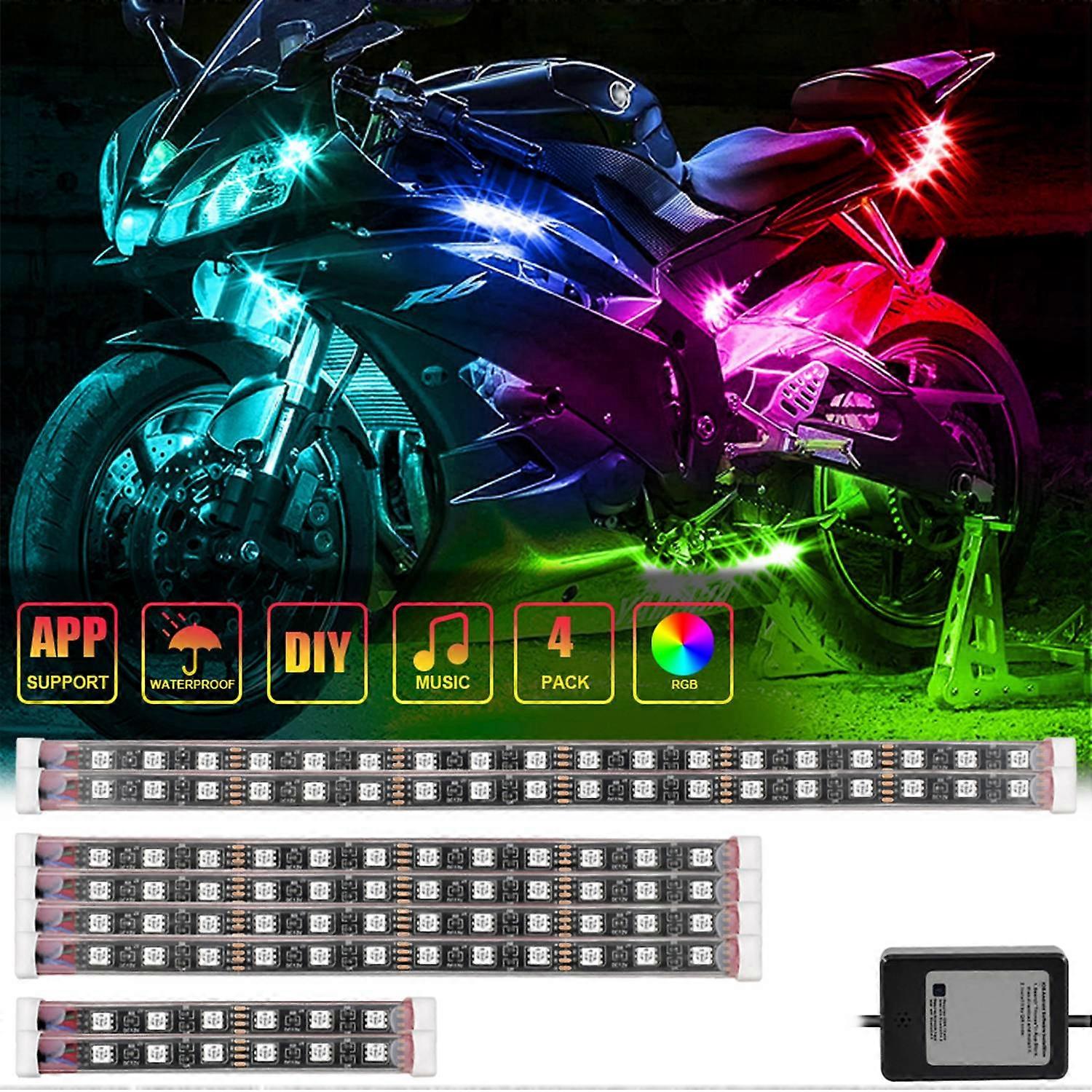 Motorcycle LED Lights Kits, IP68 Waterproof Ambient Light, APP Control RGB Illusion Motorcycle Decor