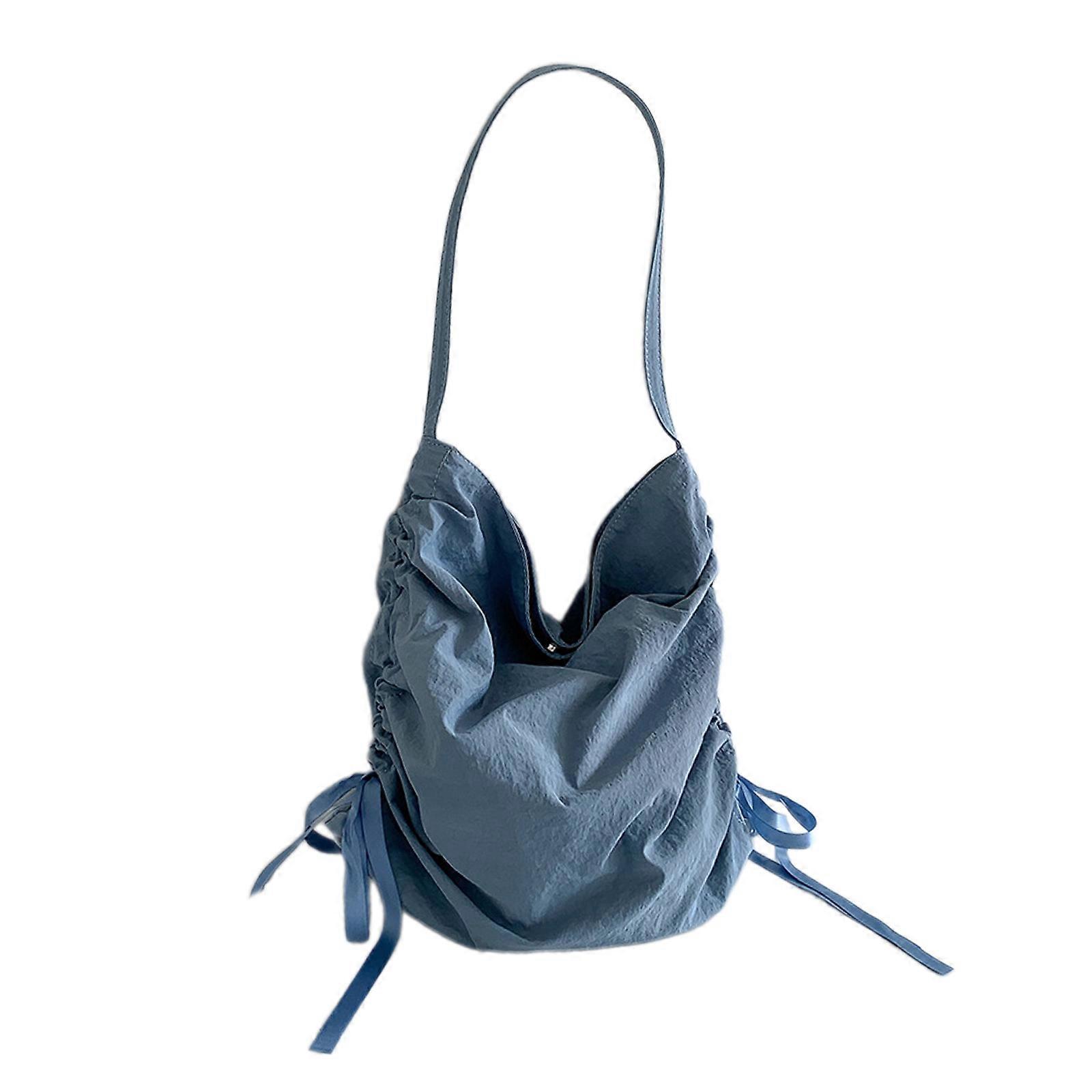 Aesthetic Casual Nylon Underarm Bag Side Pleated Ruched Drawstrings Shoulder Bag Solid Color Handbag for Work Shopping Blue