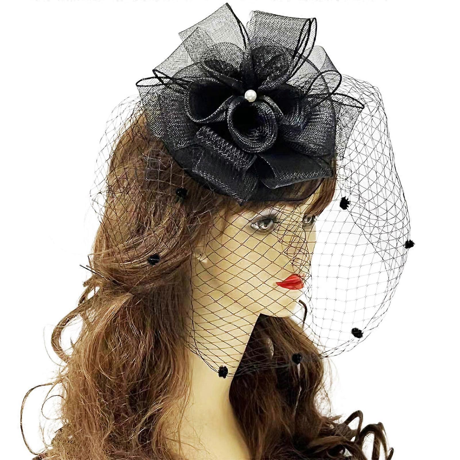 Elegant Black Fascinator Hat With Net Flower and Hair Clip