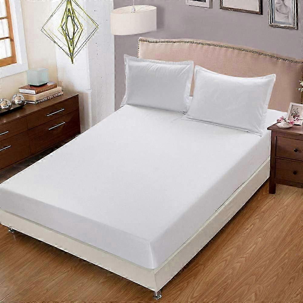 Fitted Bed Sheet 150x200 with 30cm Pocket, Polyester Mattress Protector, White (Pillowcase Not Included)