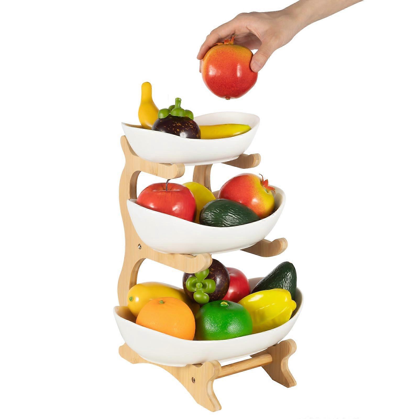 3 Tier Ceramic Fruit Bowl With Bamboo Stand White Porcelain Tray For Kitchen Counter Multi Layer Fruit Display Stand