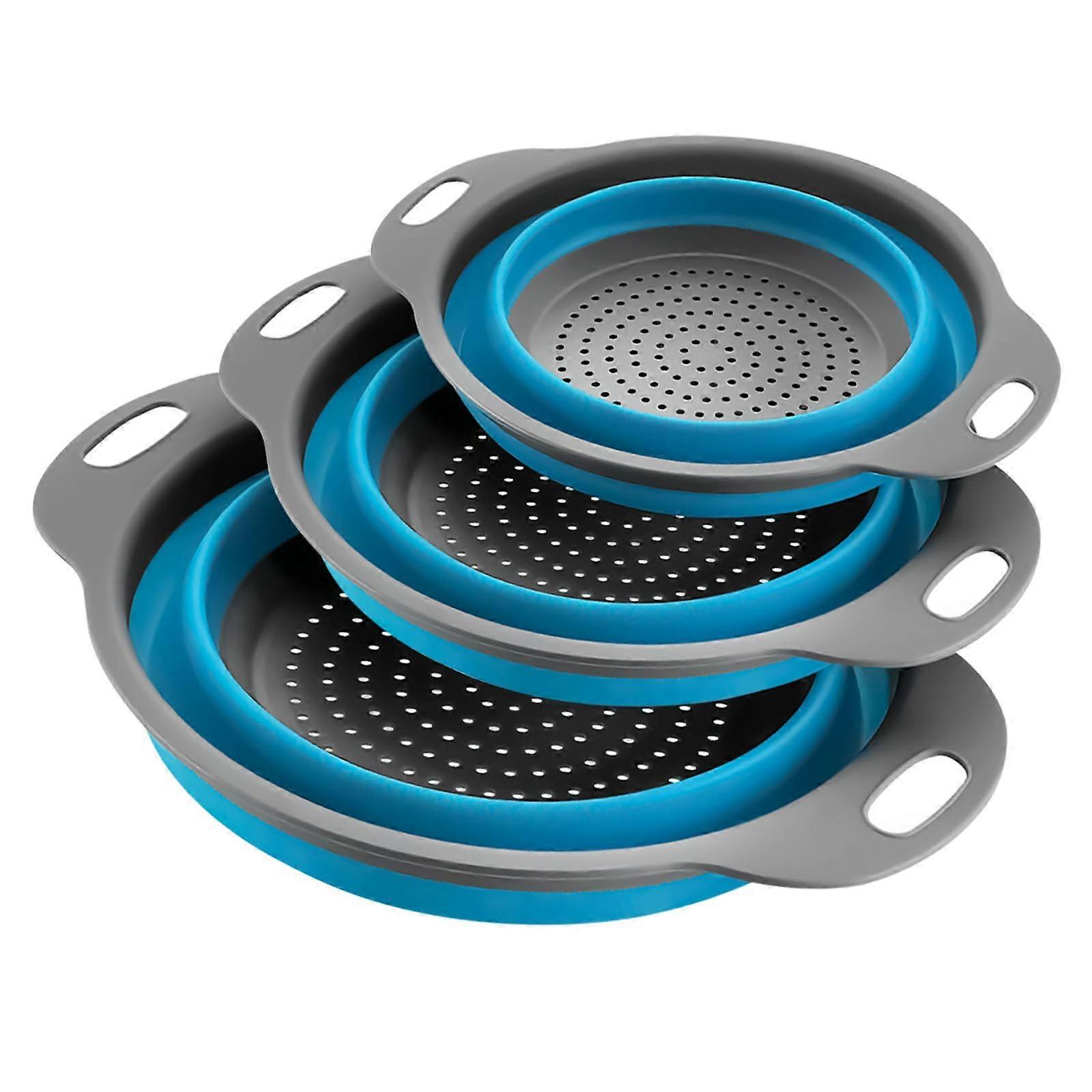 3 Piece Round Silicone Collapsible Colander Set BPA-Free Multi-Size For Pasta Vegetables Fruits In Kitchen