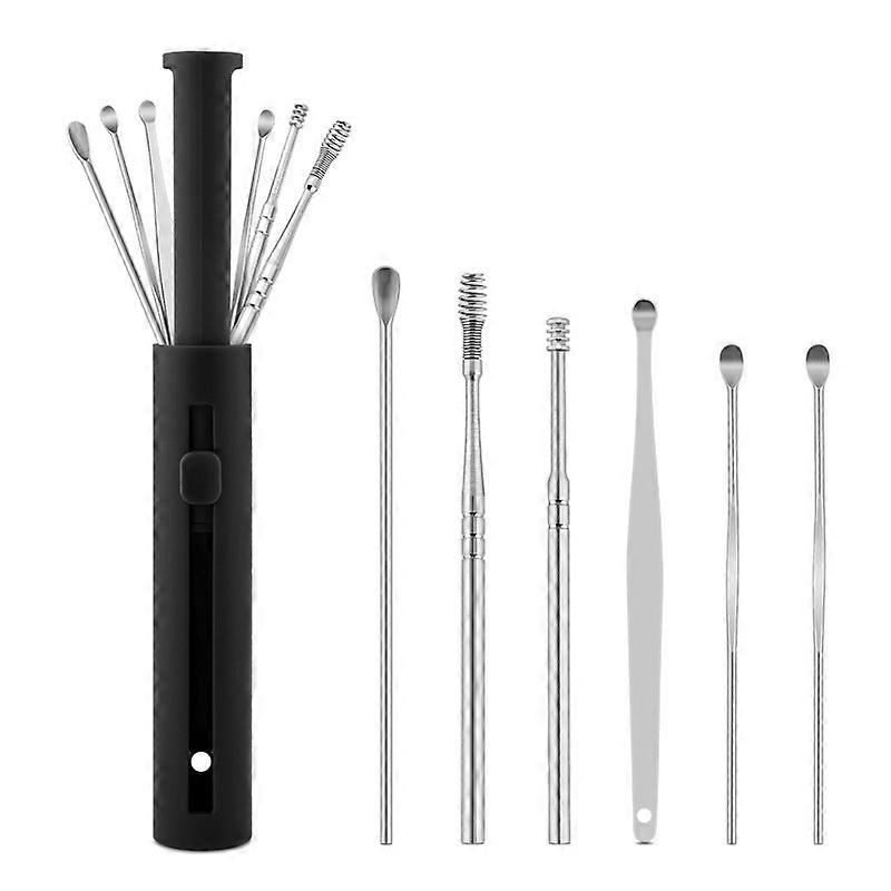 1 Pack Push-Pull Cylinder Storage Ear Scoop Set, Specification: 6 PCS/Set Black