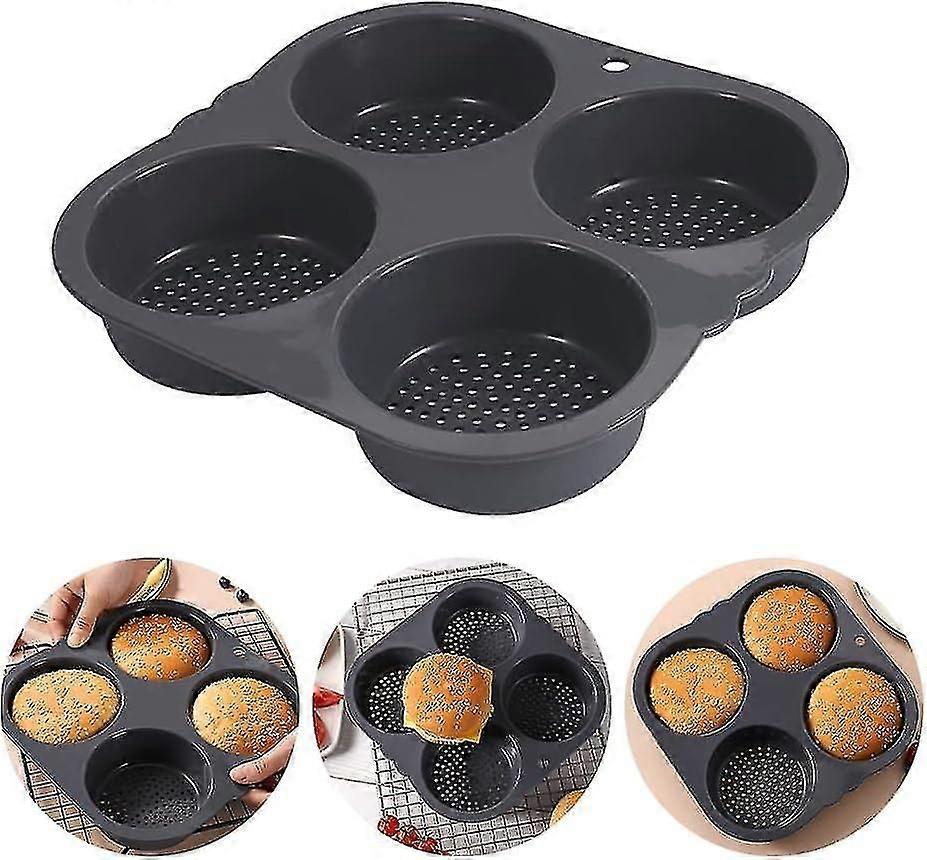 Hamburger Bun Mold 4 Cavity Loaf Pan, Mesh Hamburger Bun Mold for Making Buns, Non Stick Baking Pan Household Food Baking New Baking Tool (Gray)