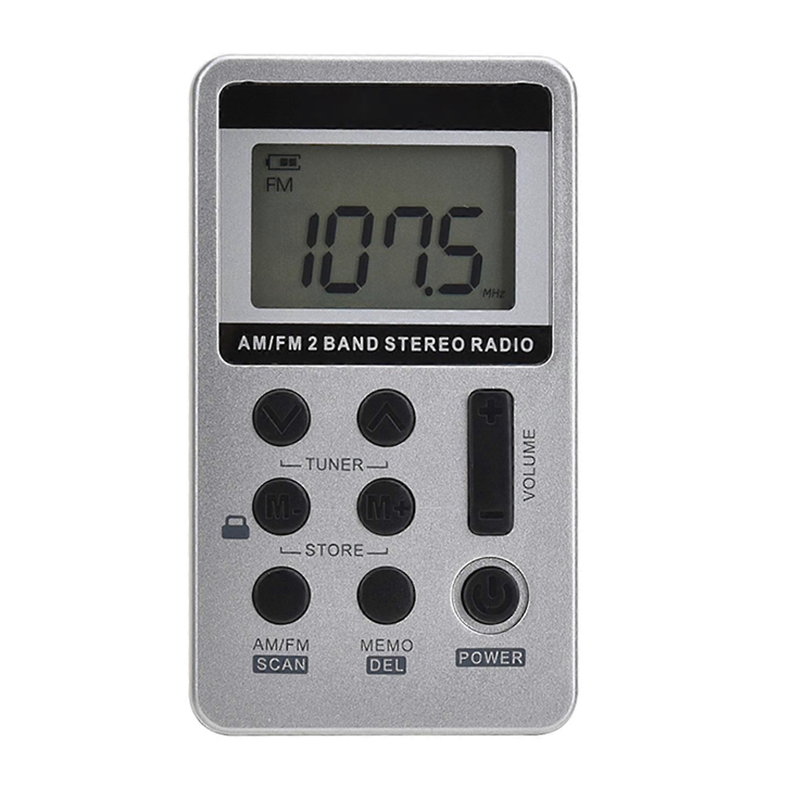 Portable Radio Digital Mini FM/AM Radio Receiver With LCD Display Rechargeable Battery& Earphone Radio+Lanyard for Elder Silver