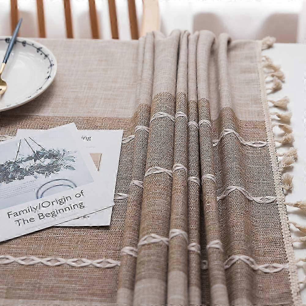 Sturdy Cotton and Linen Tablecloth for Rectangular Tables Tablecloth with Sturdy Lattice Embroidery. (140 x 220 cm, Khaki)