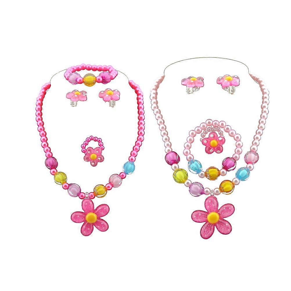 Toddlers Jewelry Set Plastic Flowers Design Necklace Bracelet Ring Earring Kit for Christmas Party 2Set