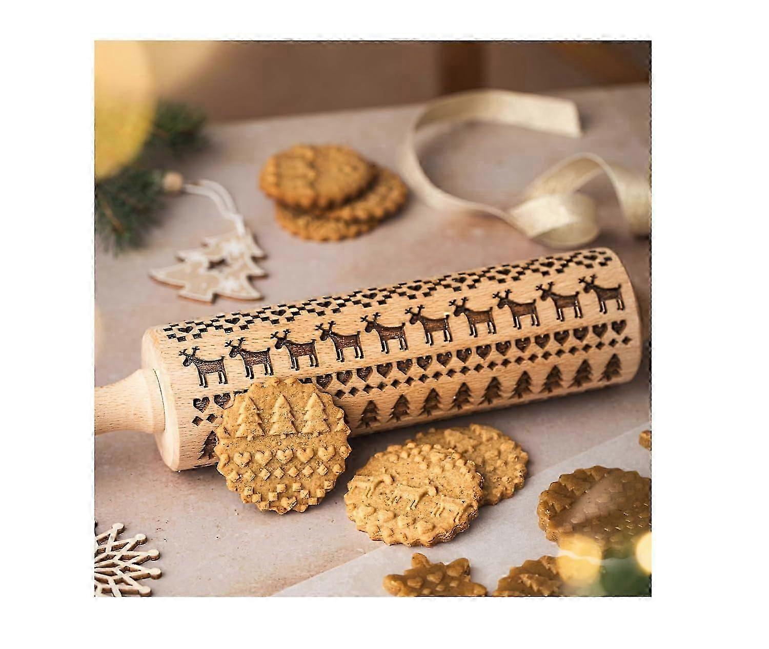 Scandinavian Christmas Embossing Rolling Pin. Laser Engraved Dough Roller with Christmas Pattern