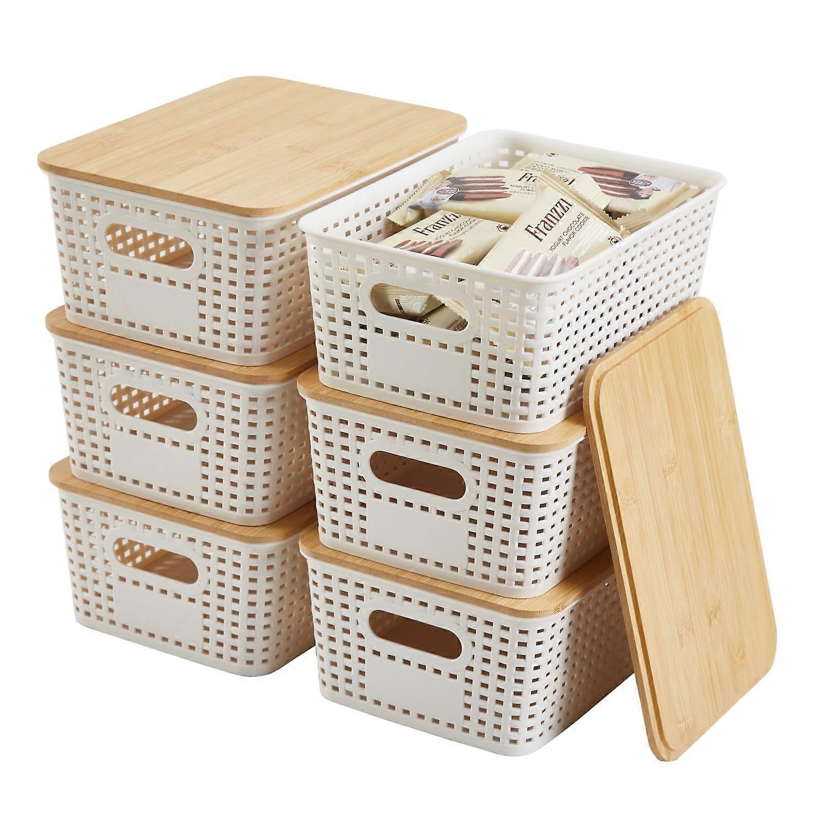 Set of 6 Storage Boxes with Bamboo Lid, Stackable Organiser for Office, Wardrobe (White)