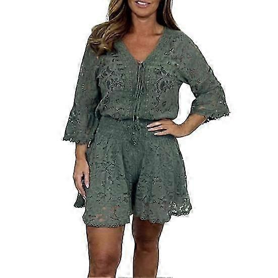 2 buc / set femei top pantaloni scurți set gol dantelă floare broderie în V decolteu șnur mâneci trei sferturi elastic talie înaltă liber întâlniri navetă