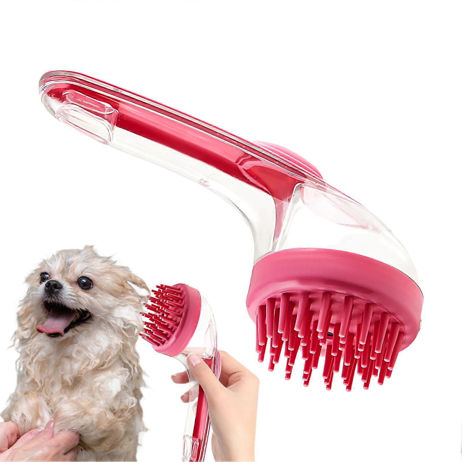 Dog Shampoo Brush, Soft Silicone Shower Brush with Long Handle - Reusable Grooming Tool for Small Dogs and Cats, Red