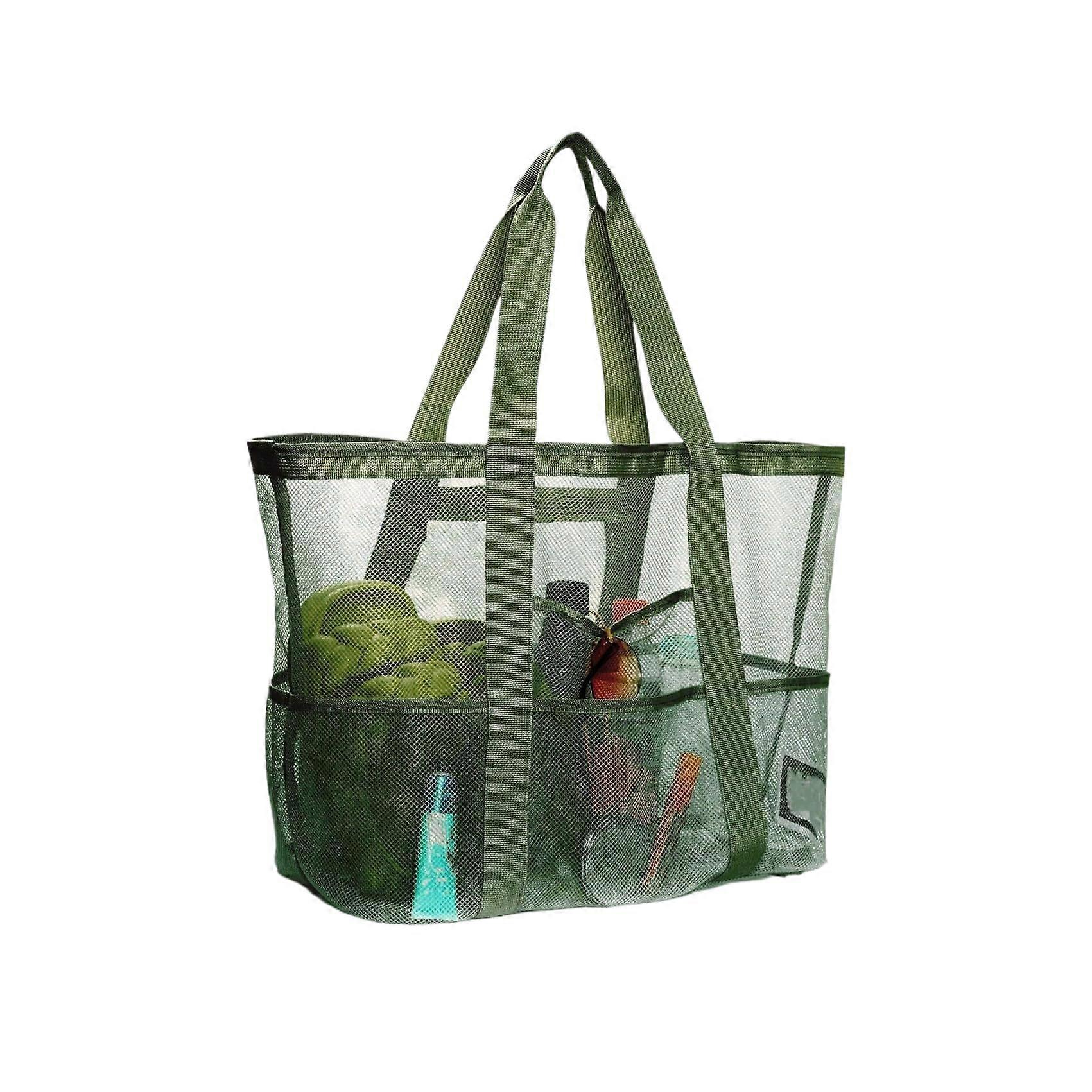 Large Mesh Beach Bag, Foldable Handbag with Compartments and Zipper for Beach Holiday and Shopping Green