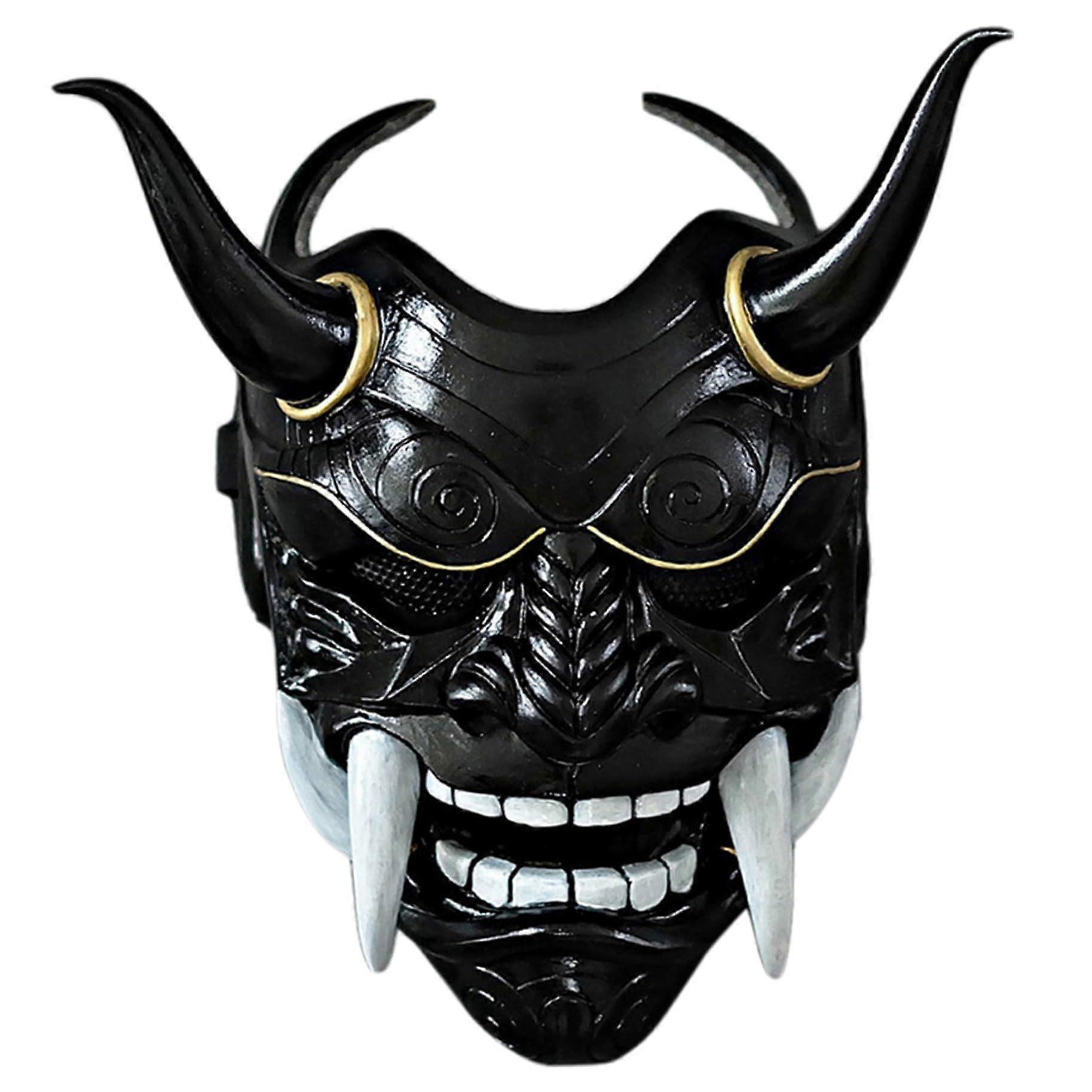 Oni Mask, Latex Japanese Hannya Mask for Halloween, 11 x 9.5 Full Face Samurai Mask with Fangs and Ox Horns