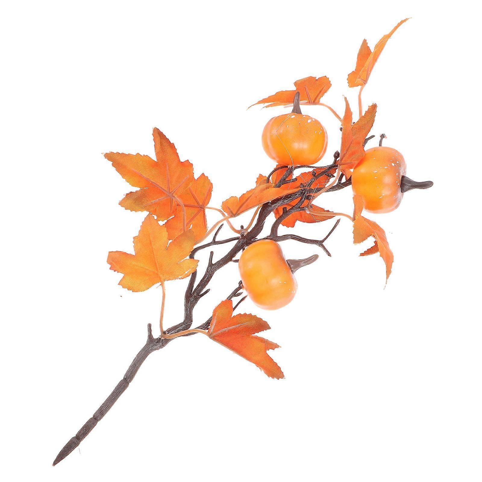 Faux Pumpkin Branch with Realistic Maple Leaves – Artificial Autumn Decor for Thanksgiving, DIY Floral Arrangements, Home and Garden Accent