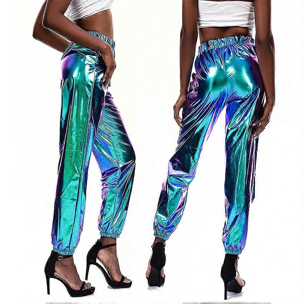 Ladies Trousers High Waist Hip-Hop Long Loose Pants Iridescent Blue Breathable Comfortable 1Pcs