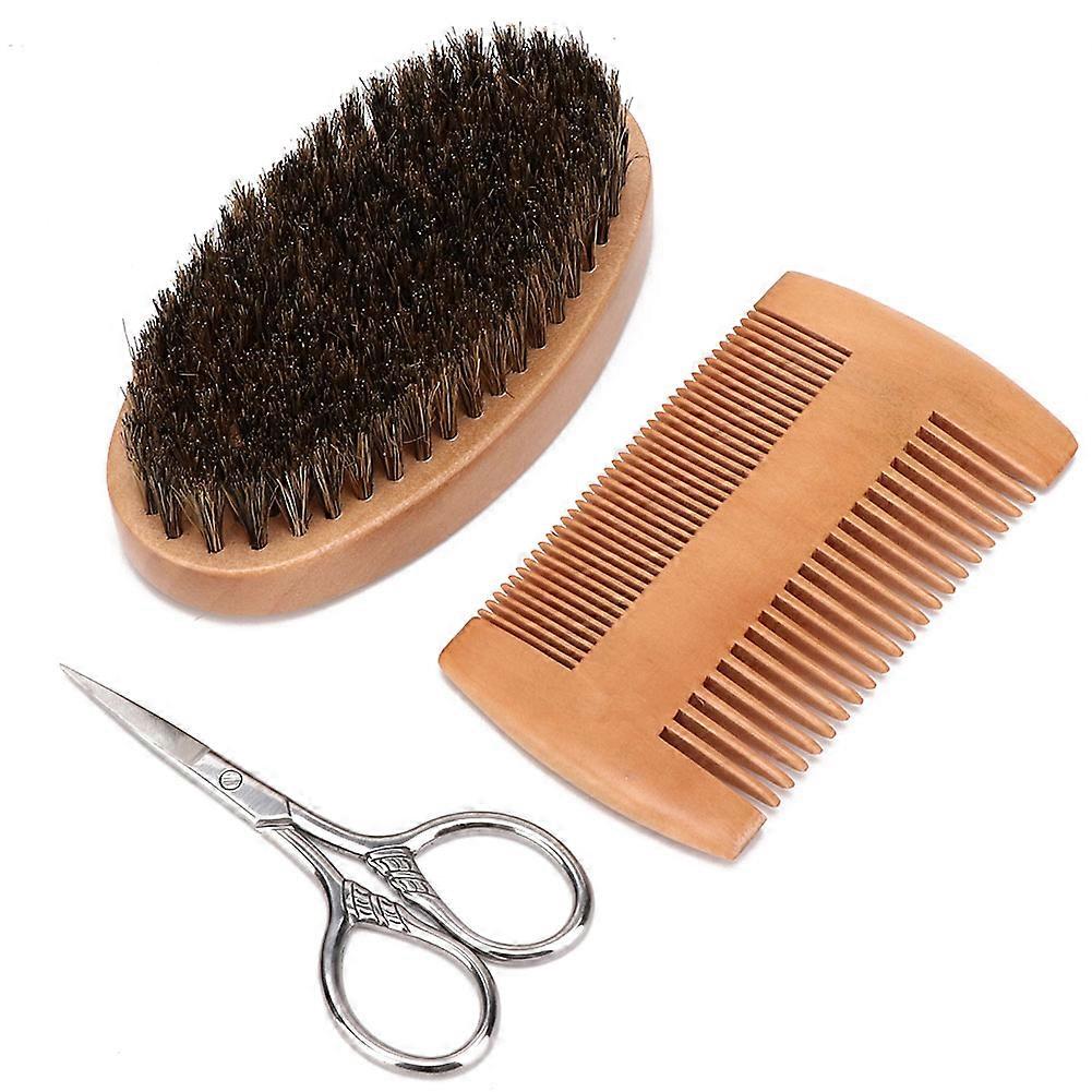 Beard Kit Beard Brush Double-sided Styling Comb Scissors Modeling Kit for Men(3pcs / set )