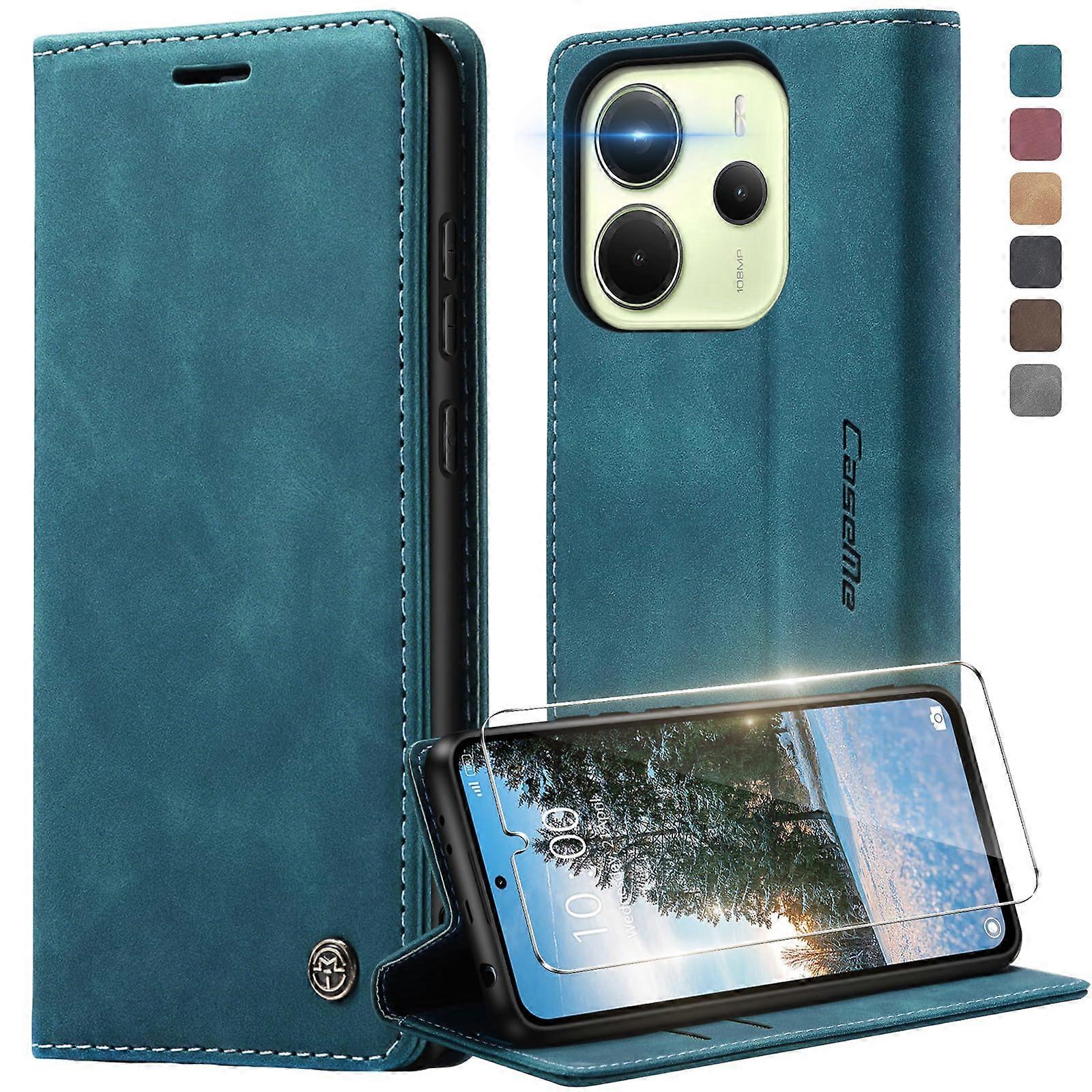 Mobile Phone Case for Xiaomi Redmi Note 14 4G With Screen Protector Card Slot Stand PU Leather Magnetic Flip Case Blue