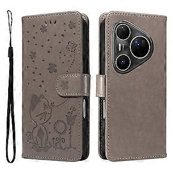 TKdaddy Voor Huawei Pura 80 Ultra Lederen Portemonnee Hoesje Cat Bee Patroon Telefoon Cover Stand Grijs