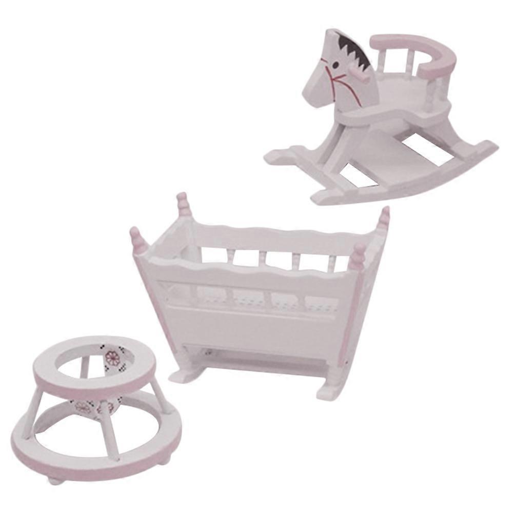 دمية سرير خشبي مهد هزاز مجموعة حصان هزاز للطلاب 8.2x3.6x6.6 سم تصميم مضغوط 1 مجموعة (3 قطع)