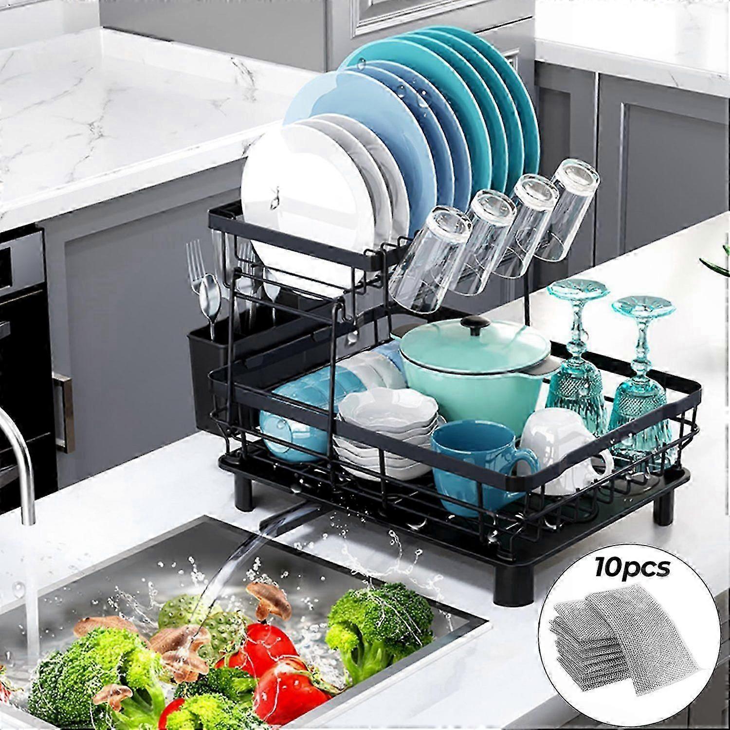 Two-Tier Dish Rack with Draining Board for Kitchen Organization and Space Saving Solution